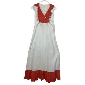 Vintage 70s womens small XS prairie core cottage dress boho textured tie back 60